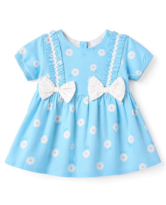 Babyhug Cotton Woven Half Sleeves One Piece Dress with Floral Print & Bow Applique - Light Blue