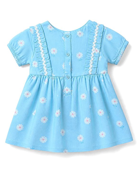 Babyhug Cotton Woven Half Sleeves One Piece Dress with Floral Print & Bow Applique - Light Blue