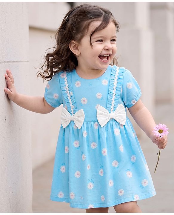 Babyhug Cotton Woven Half Sleeves One Piece Dress with Floral Print & Bow Applique - Light Blue