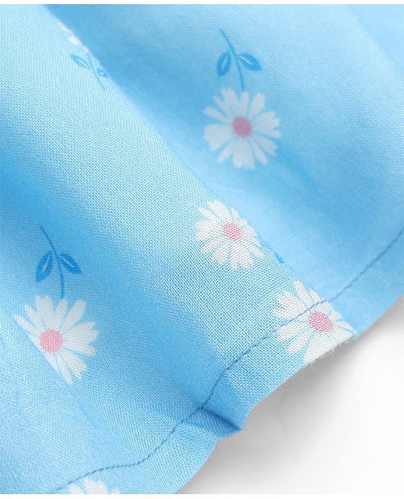 Babyhug Cotton Woven Half Sleeves One Piece Dress with Floral Print & Bow Applique - Light Blue