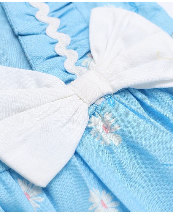 Babyhug Cotton Woven Half Sleeves One Piece Dress with Floral Print & Bow Applique - Light Blue