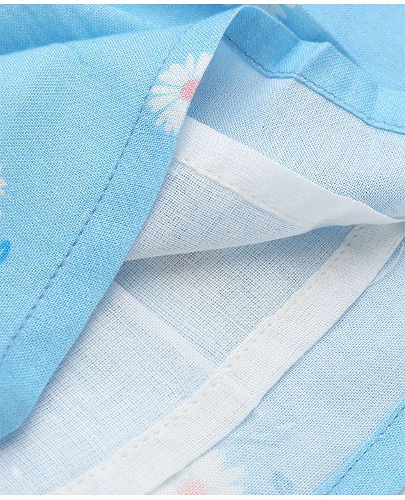 Babyhug Cotton Woven Half Sleeves One Piece Dress with Floral Print & Bow Applique - Light Blue