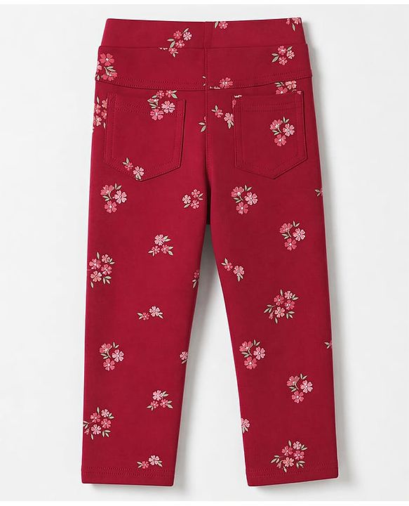 Babyhug Cotton Elastane Lycra Knit Jeggings With Floral Print & Pockets - Maroon