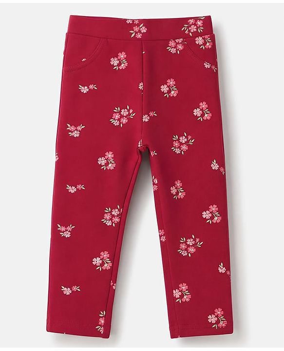 Babyhug Cotton Elastane Lycra Knit Jeggings With Floral Print & Pockets - Maroon