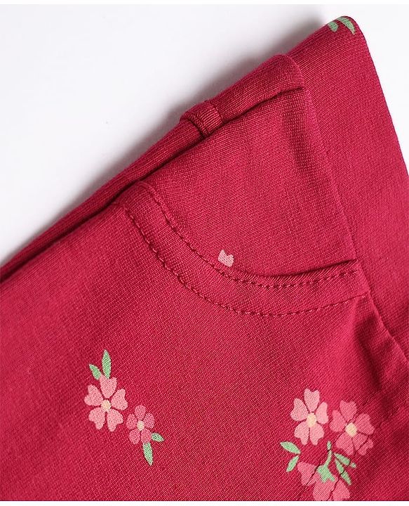 Babyhug Cotton Elastane Lycra Knit Jeggings With Floral Print & Pockets - Maroon
