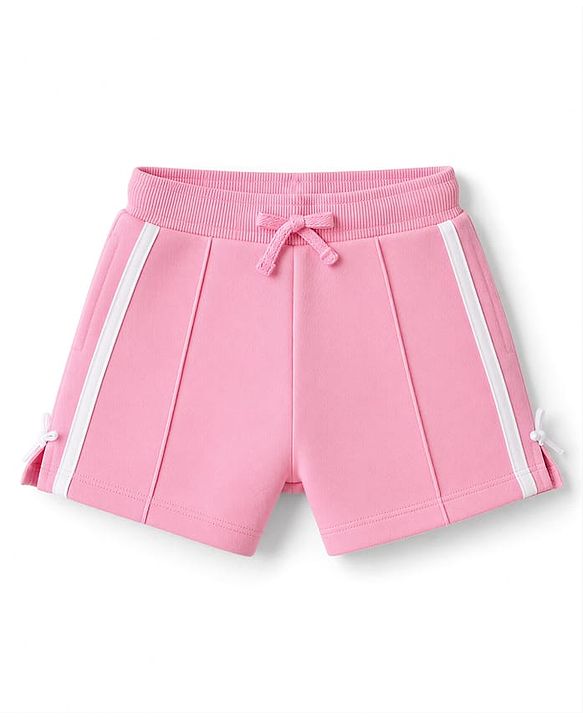 Babyhug 100% Cotton Looper Knit Mid Thigh Solid Shorts With Bow Applique - Pink