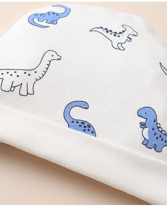 Babyhug 100% Cotton Interlock Knit Cap, Mitten & Booties with Dinosaur Rhinosaur Print White - Diameter 15 cm