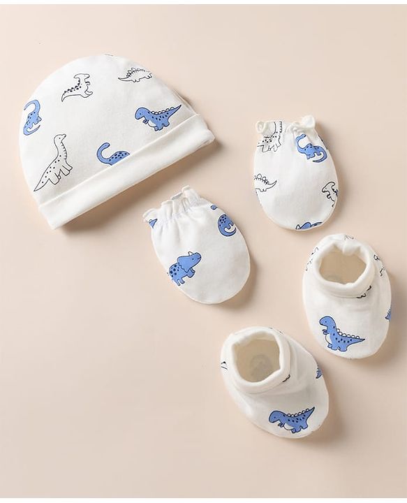 Babyhug 100% Cotton Interlock Knit Cap, Mitten & Booties with Dinosaur Rhinosaur Print White - Diameter 15 cm
