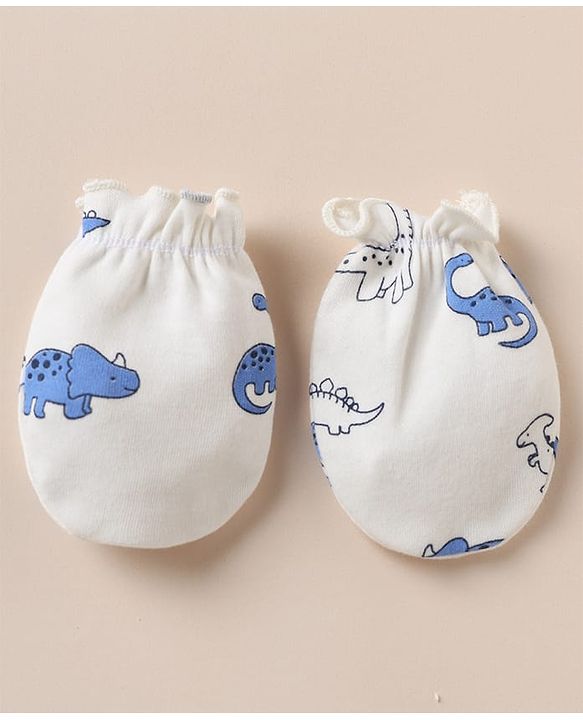 Babyhug 100% Cotton Interlock Knit Cap, Mitten & Booties with Dinosaur Rhinosaur Print White - Diameter 15 cm
