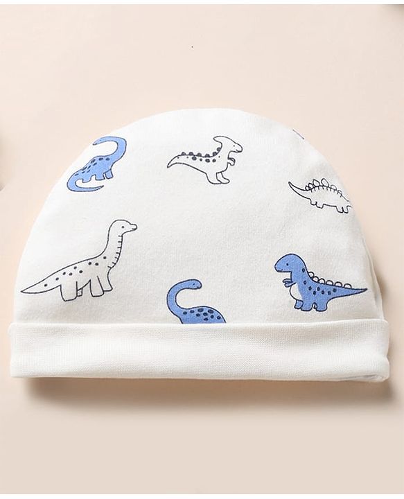 Babyhug 100% Cotton Interlock Knit Cap, Mitten & Booties with Dinosaur Rhinosaur Print White - Diameter 15 cm