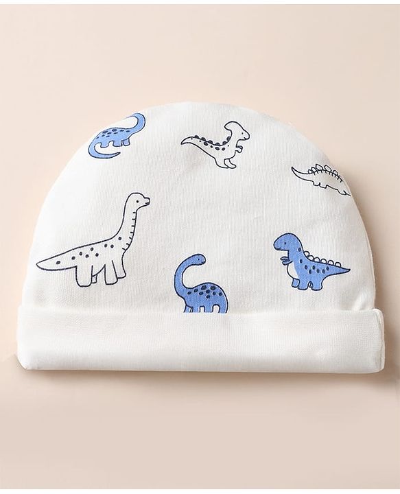 Babyhug 100% Cotton Interlock Knit Cap, Mitten & Booties with Dinosaur Rhinosaur Print White - Diameter 15 cm