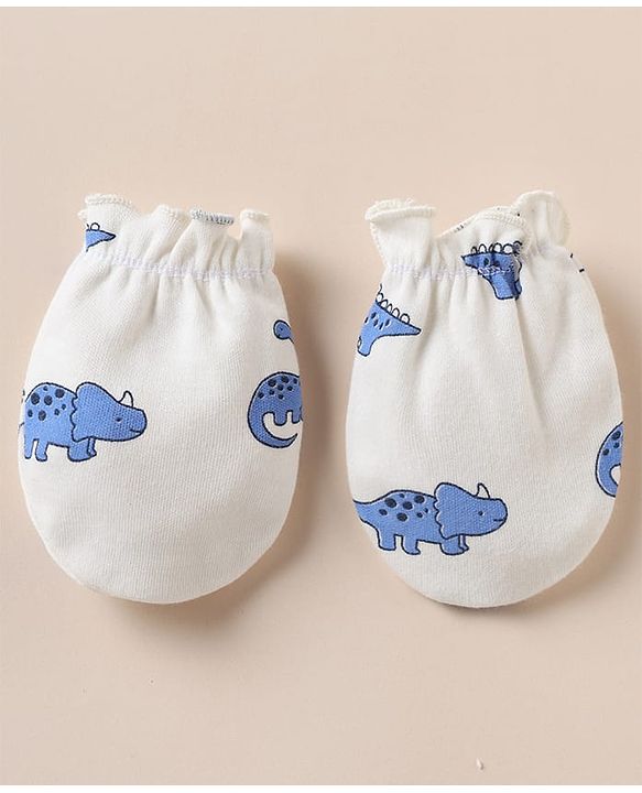 Babyhug 100% Cotton Interlock Knit Cap, Mitten & Booties with Dinosaur Rhinosaur Print White - Diameter 15 cm