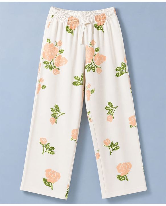 Pine Kids Cotton Knit Half sleeves T-Shirt & Pajama Night Suit With Floral Print -  White & Peach