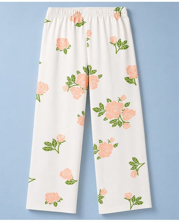 Pine Kids Cotton Knit Half sleeves T-Shirt & Pajama Night Suit With Floral Print -  White & Peach