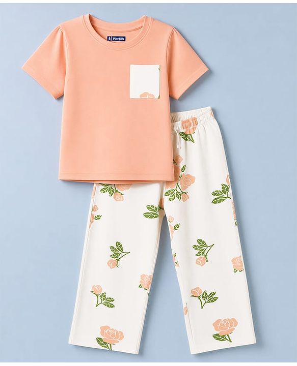 Pine Kids Cotton Knit Half sleeves T-Shirt & Pajama Night Suit With Floral Print -  White & Peach