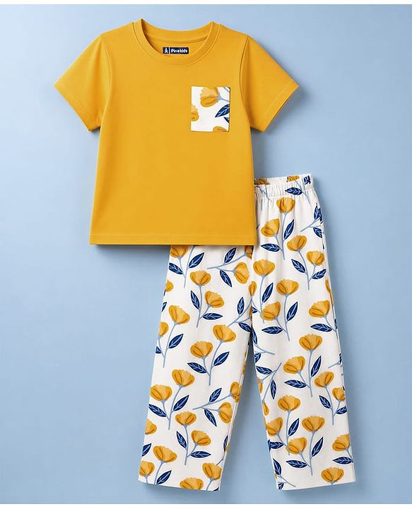 Pine Kids Cotton Knit Half Sleeves T-Shirt & Pyjama Night Suit With Floral Print - Yellow