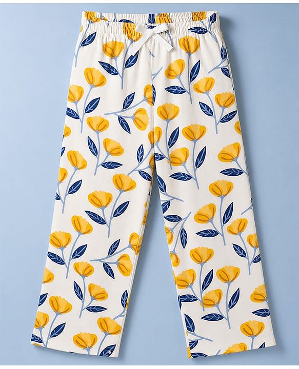 Pine Kids Cotton Knit Half Sleeves T-Shirt & Pyjama Night Suit With Floral Print - Yellow