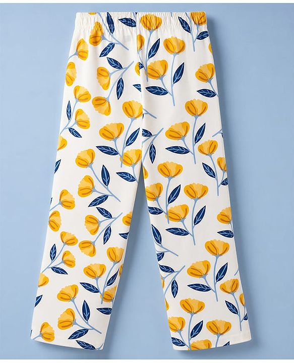 Pine Kids Cotton Knit Half Sleeves T-Shirt & Pyjama Night Suit With Floral Print - Yellow