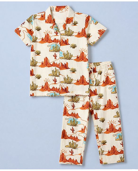 Pine Kids 100% Cotton Knit Bio Washed Single Jersery 180 Gsm Half Sleeves Co-ord Shirt & Pajama Night Suit with Dessert & Cactus Print - Off White