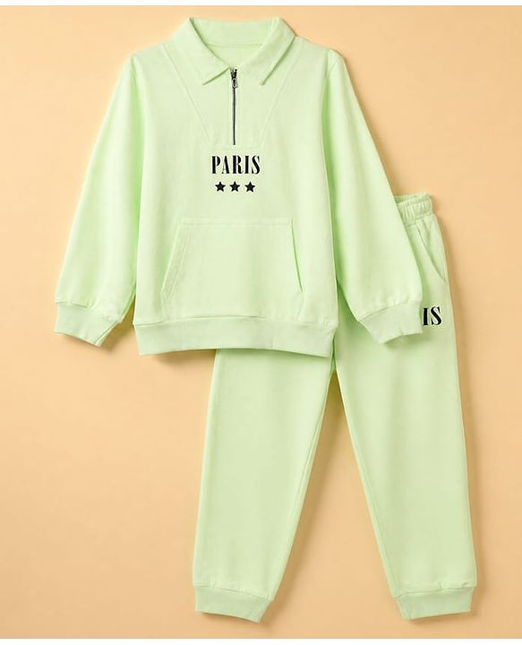 Pine Kids Looper Knit Full Sleeves Winter Wear Suit With Text Print - Limgreen