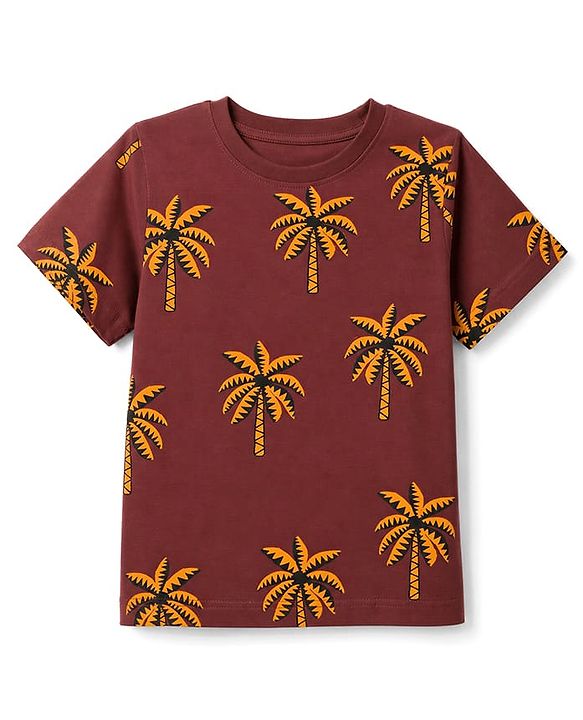 Pine Kids Cotton Knit Half Sleeves Co-Ords T-Shirt & Pyjama Night Suit with Coconut Tree Print - Brown