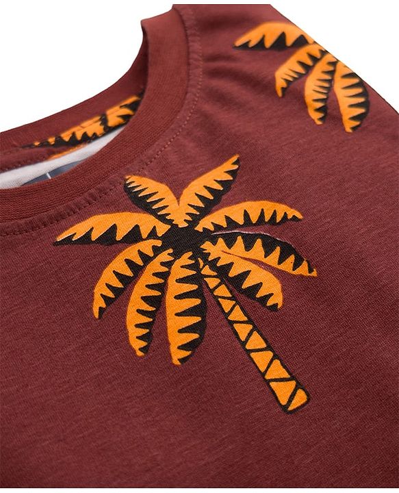 Pine Kids Cotton Knit Half Sleeves Co-Ords T-Shirt & Pyjama Night Suit with Coconut Tree Print - Brown
