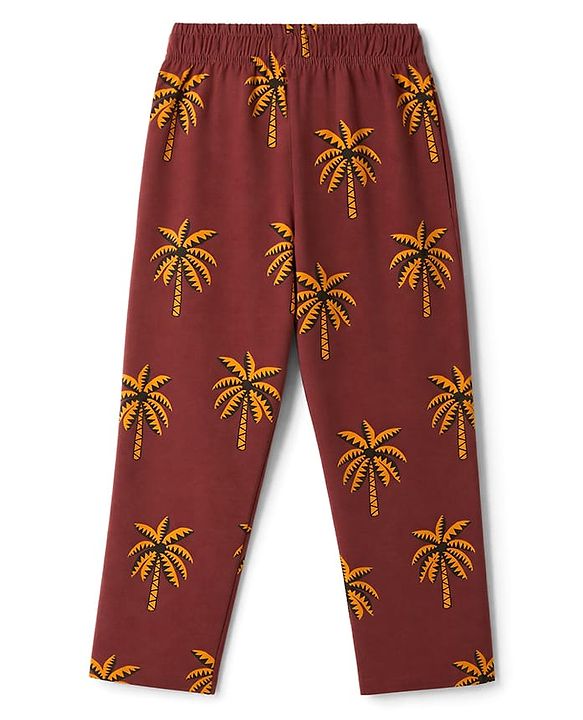 Pine Kids Cotton Knit Half Sleeves Co-Ords T-Shirt & Pyjama Night Suit with Coconut Tree Print - Brown