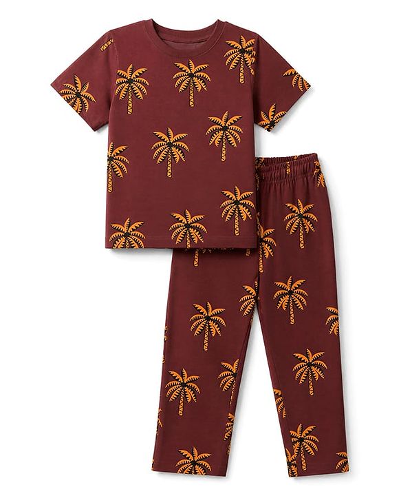 Pine Kids Cotton Knit Half Sleeves Co-Ords T-Shirt & Pyjama Night Suit with Coconut Tree Print - Brown