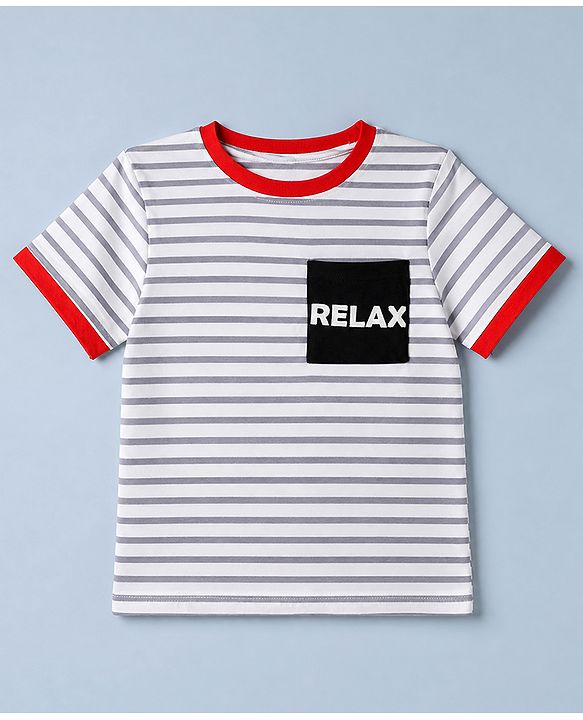 Pine Kids 100% Cotton Bio Washed Single Jersery 180 Gsm Knit T-Shirt & Pajama Night Suit with Stripes & Relax Print - White