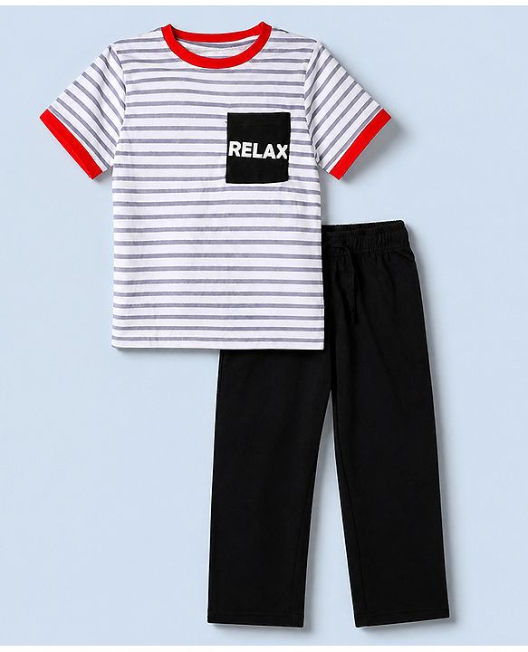 Pine Kids 100% Cotton Bio Washed Single Jersery 180 Gsm Knit T-Shirt & Pajama Night Suit with Stripes & Relax Print - White