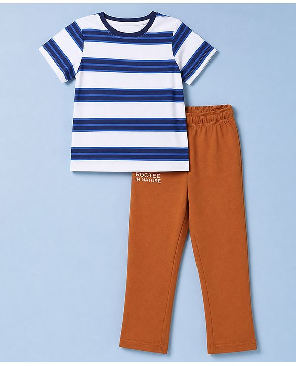 Pine Kids Cotton knit Half Sleeves Striped T-Shirt & Pyjama Night Suit - Blue