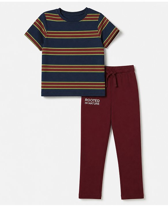 Pine Kids Cotton knit Half Sleeves Striped T-Shirt & Pyjama Night Suit - Navy Blue