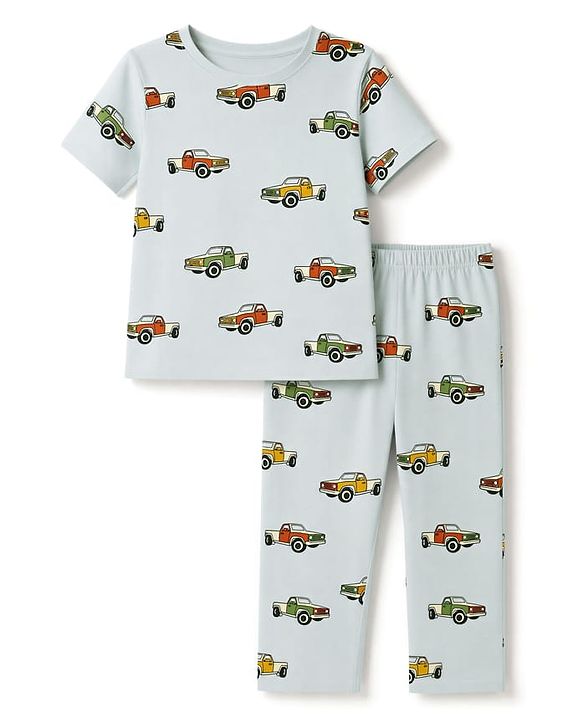Pine Kids Cotton knit Half Sleeves Co-Ords T-Shirt & Pyjama Night Suit with Vehicle Print - Sky Blue