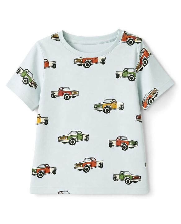 Pine Kids Cotton knit Half Sleeves Co-Ords T-Shirt & Pyjama Night Suit with Vehicle Print - Sky Blue