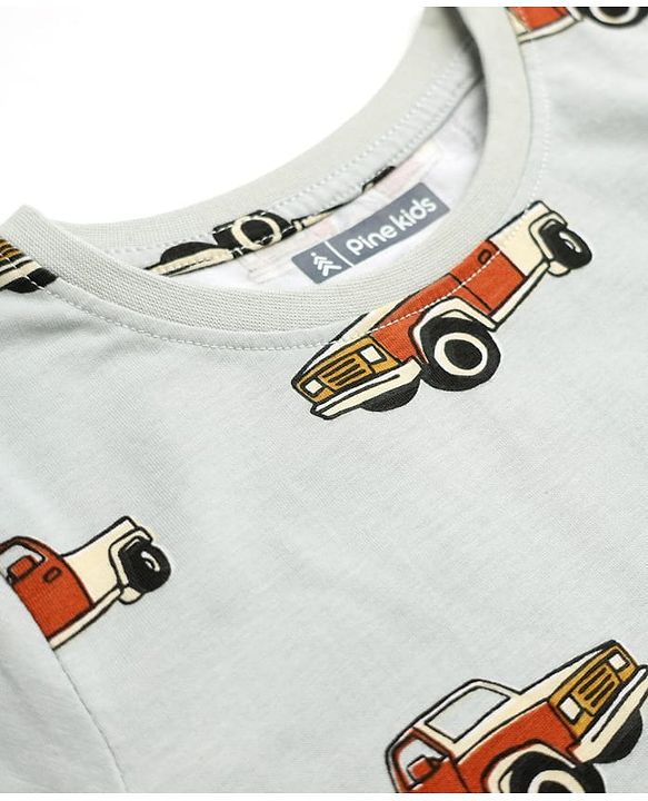 Pine Kids Cotton knit Half Sleeves Co-Ords T-Shirt & Pyjama Night Suit with Vehicle Print - Sky Blue