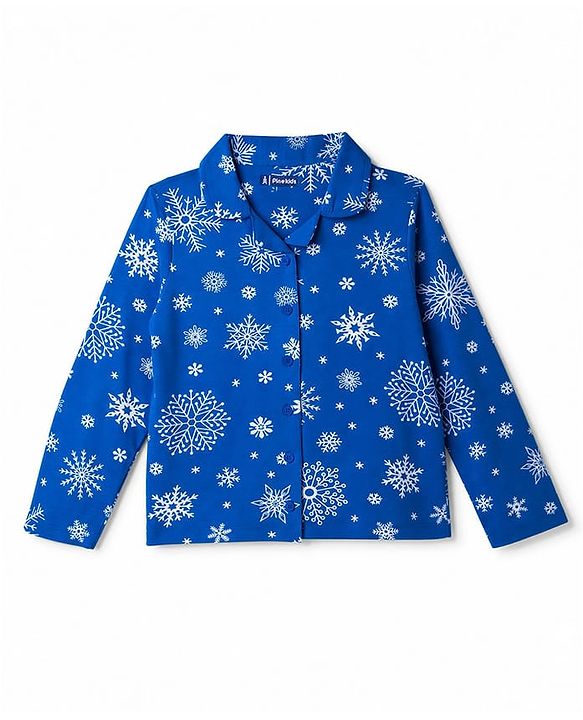 Pine Kids Cotton Knit Full Sleeves Shirt & Pajama Co-Ords Night Suit With Snowflakes  Print - Blue