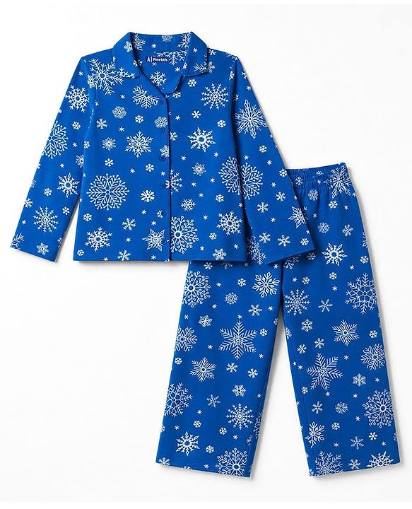 Pine Kids Cotton Knit Full Sleeves Shirt & Pajama Co-Ords Night Suit With Snowflakes  Print - Blue