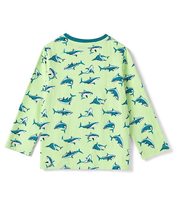 Pine Kids 100% Cotton Knit Full Sleeves T-Shirt & Pyjama Co-Ords Set With Whale Print - Limegreen
