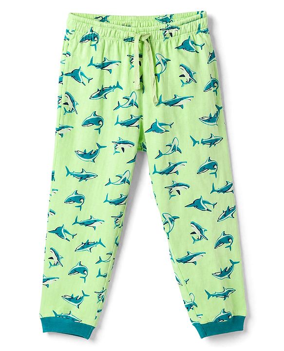 Pine Kids 100% Cotton Knit Full Sleeves T-Shirt & Pyjama Co-Ords Set With Whale Print - Limegreen