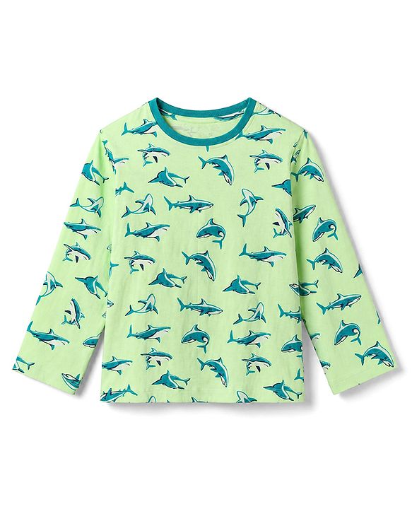 Pine Kids 100% Cotton Knit Full Sleeves T-Shirt & Pyjama Co-Ords Set With Whale Print - Limegreen