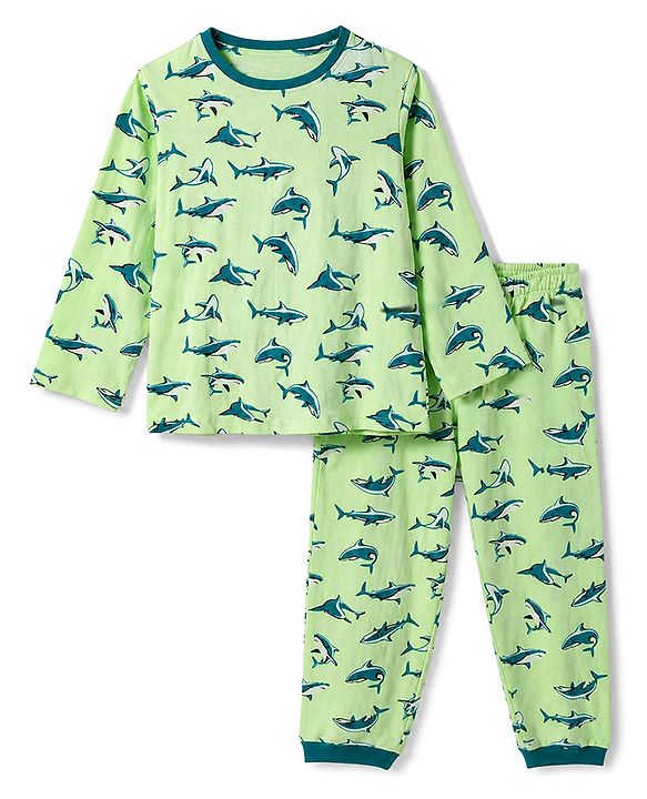Pine Kids 100% Cotton Knit Full Sleeves T-Shirt & Pyjama Co-Ords Set With Whale Print - Limegreen