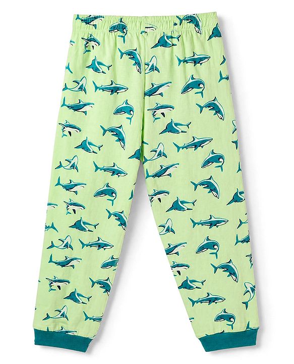 Pine Kids 100% Cotton Knit Full Sleeves T-Shirt & Pyjama Co-Ords Set With Whale Print - Limegreen