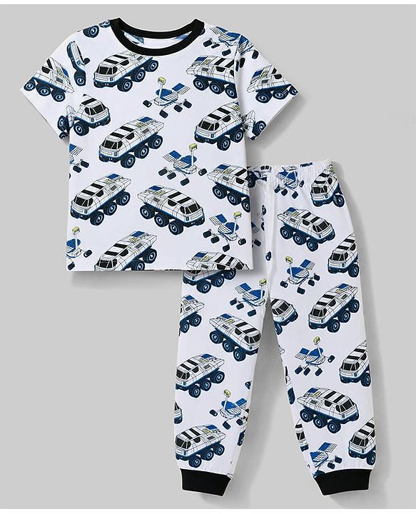 Pine Kids Cotton Knit Half Sleeves Vehicle Printed T-Shirt & Pyjama Co-Ords Night Suit - White & Blue