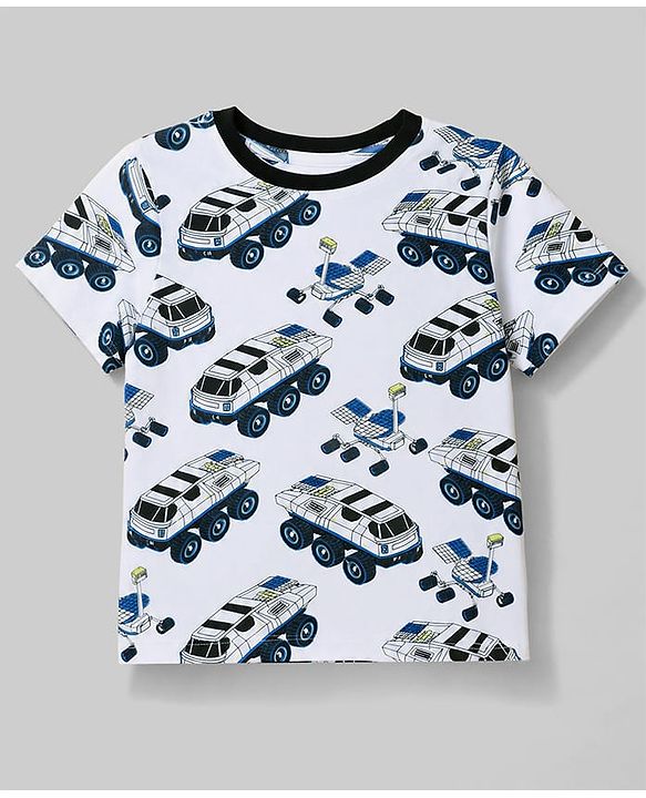 Pine Kids Cotton Knit Half Sleeves Vehicle Printed T-Shirt & Pyjama Co-Ords Night Suit - White & Blue