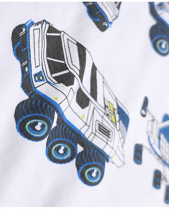 Pine Kids Cotton Knit Half Sleeves Vehicle Printed T-Shirt & Pyjama Co-Ords Night Suit - White & Blue
