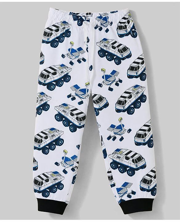 Pine Kids Cotton Knit Half Sleeves Vehicle Printed T-Shirt & Pyjama Co-Ords Night Suit - White & Blue