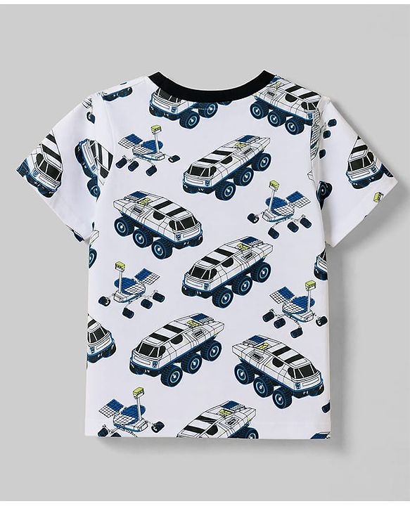 Pine Kids Cotton Knit Half Sleeves Vehicle Printed T-Shirt & Pyjama Co-Ords Night Suit - White & Blue