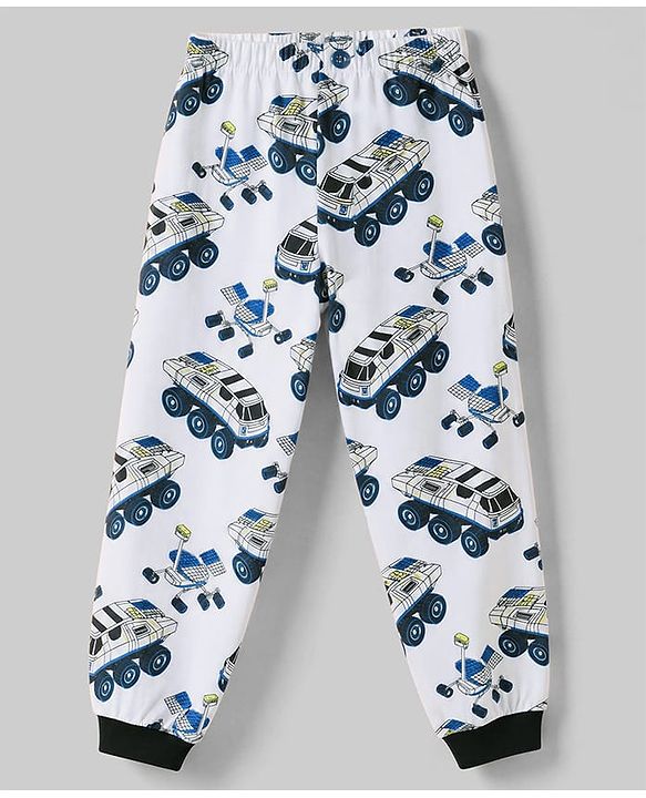 Pine Kids Cotton Knit Half Sleeves Vehicle Printed T-Shirt & Pyjama Co-Ords Night Suit - White & Blue