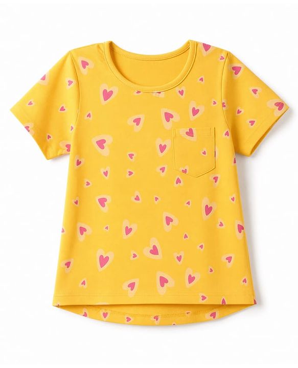 Pine Kids Cotton Knit Half Sleeves Co-Ords Top & Pyjama Night Suit with Heart Print - Yellow