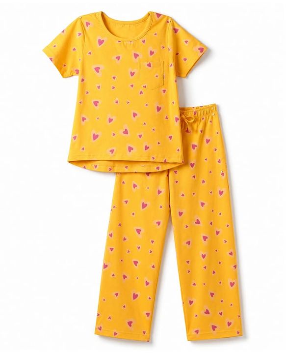 Pine Kids Cotton Knit Half Sleeves Co-Ords Top & Pyjama Night Suit with Heart Print - Yellow